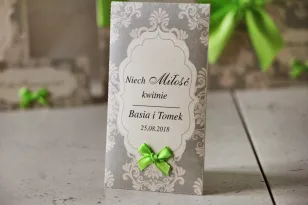Podziękowania dla Gości weselnych - nasiona Niezapominajki - Ornament nr 11 - Szare z ornamentami i kokardką, papier perłowy