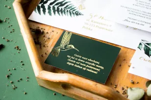 Zielony Bilecik do zaproszeń ślubnych ze złoceniem z botanicznym motywem