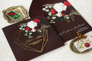 Eleganckie Zaproszenia Ślubne z Piwoniami i Złotym Sercem | Burgundowe i Złocone | Szafirowe nr 9