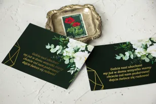 Eintrittskarte für Hochzeitseinladungen mit Vergoldung in flaschengrüner Farbe mit Zusatz von weißen Pfingstrosen