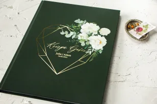 Hochzeitsgästebuch mit Vergoldung in flaschengrüner Farbe mit dem Zusatz von weißen Pfingstrosen, Dahlien und Hortensien.