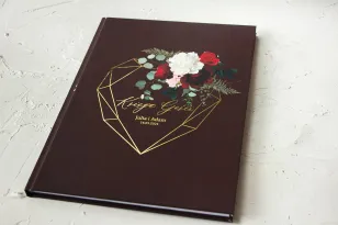 Burgunder Hochzeitsgästebuch mit Vergoldung, roten Rosen und Pfingstrosen