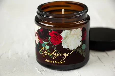 Naturalne Świeczki sojowe - podziękowania dla gości weselnych. Burgundowa etykieta ze złoceniami, z czerwonymi różami