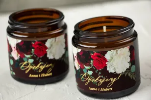 Naturalne Świeczki sojowe - podziękowania dla gości weselnych. Burgundowa etykieta ze złoceniami, z czerwonymi różami