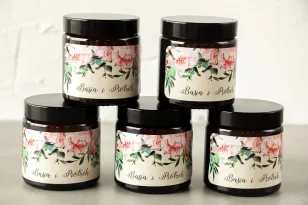 Naturalne Świeczki sojowe - podziękowania dla gości weselnych. Etykieta z różowymi piwoniami i różami