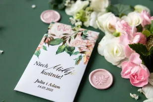 Nasiona Ślubne niezapominajki - Podziękowania dla Gości - Opakowanie ze złoconymi gałązkami, z różowymi piwoniami