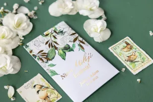 Hochzeitssamen Vergissmeinnicht - Danke an die Gäste - Paket mit vergoldeten Zweigen und Strauß weißer Pfingstrosen