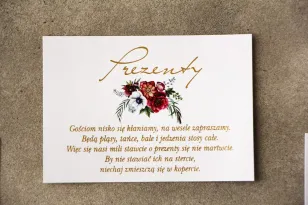 Hochzeitsgeschenke Ticket - Zikade Nr. 7 mit Vergoldung - Burgunderroter und weißer Blumenstrauß in kühlen Farben