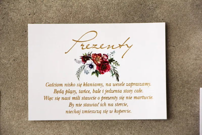 Bilecik prezenty ślubne wesele - Cykade nr 7 ze złoceniem - Bordowo-biały bukiet w chłodnych barwach