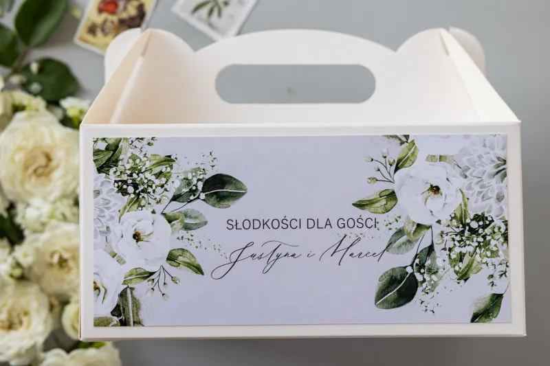 Ślubne Pudełko na Ciasto (prostokątne) z astrami i białymi kwiatami