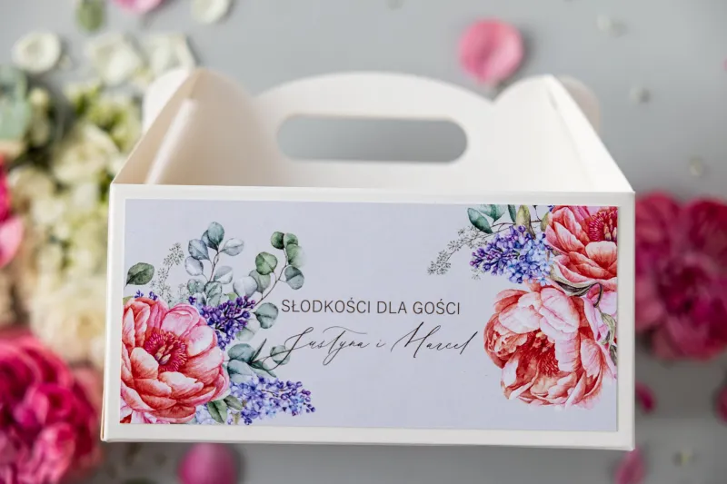 Ślubne Pudełko na Ciasto (prostokątne) z grafiką piwonii i bzu, w kolorze pudrowego różu i szarości