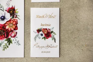 Danke an die Hochzeitsgäste - Vergissmeinnicht Samen - Zikade Nr. 7 mit Vergoldung - Burgunderblüten in kühlen Farbtönen.