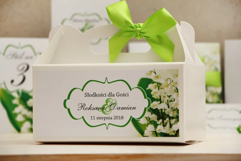 Prostokątne pudełko na ciasto, tort weselny, ślub - Felicja nr 3 - Białe konwalie - kwiatowe dodatki ślubne Prostokątne pudełko na ciasto, tort weselny, ślub - Felicja nr 3 - Białe konwalie - kwiatowe dodatki ślubne