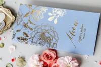 Eleganckie Menu Weselne Złocone Dusty Blue | Onyks nr 2