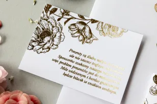 Weiße Hochzeitskarte im minimalistischen Stil mit Grafiken aus goldenen Pfingstrosen.