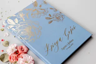 Ślubna Księga Gości z w kolorze dusty blue ze złotą grafiką kwiatów