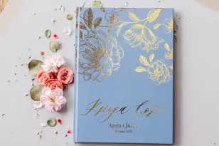 Elegancka Księga Gości Błękitna Złocone Kwiaty | Personalizowana Pamiątka Ślubna | Onyks Nr 2