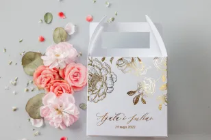 Schachtel für Hochzeitstorte (quadratisch) in weißer Farbe mit goldenen Pfingstrosengrafiken