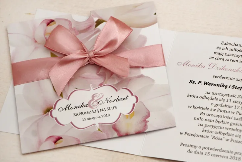 Zaproszenie ślubne, zaproszenia na ślub kwiatowe z kokardą - Felicja nr 4 - Jasnoróżowe orchidee