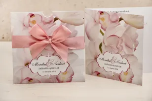 Zaproszenie ślubne, zaproszenia na ślub kwiatowe z kokardą - Felicja nr 4 - Jasnoróżowe orchidee