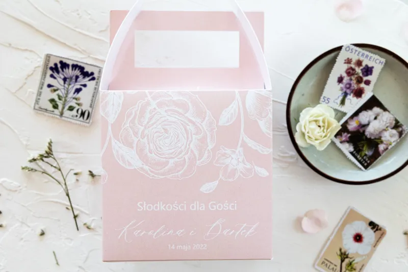 Ślubne pudełko [kwadratowe] na ciasto weselne w kolorze pudrowego różu