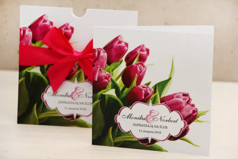 Zaproszenie ślubne, zaproszenia na ślub kwiatowe z kokardą - Felicja nr 7 - Wiosenne różowe tulipany