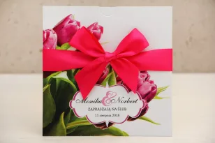 Zaproszenie ślubne, zaproszenia na ślub kwiatowe z kokardą - Felicja nr 7 - Wiosenne różowe tulipany