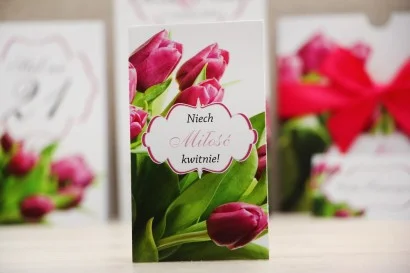 Nasiona Niezapominajki w opakowaniu z różowymi wiosennymi Tulipanami | Podziękowania dla Gości | Felicja nr 7