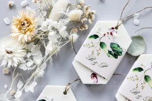 Duftender Sojaanhänger als Dankeschön an die Hochzeitsgäste, Deckblatt mit Eukalyptusblatt-Print