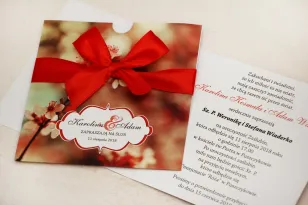 Zaproszenie ślubne, zaproszenia na ślub kwiatowe z kokardą - Felicja nr 8 - W ciepłych barwach czerwieni i brązu