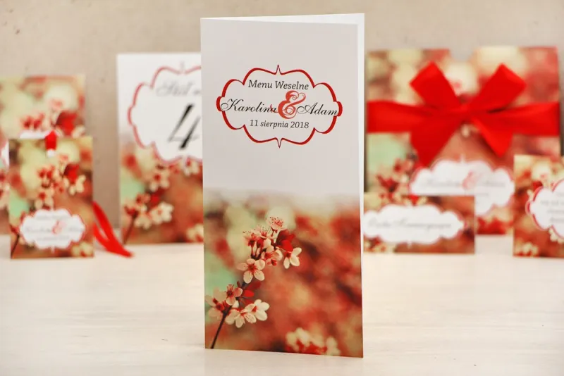 Menu weselne, stół weselny - Felicja nr 8 - Kwiaty wiśni - kwiatowe dodatki ślubne Menu weselne, stół weselny - Felicja nr 8 - Kwiaty wiśni - kwiatowe dodatki ślubne