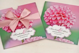 Hochzeitseinladung, Einladungen zur Blumenhochzeit mit Schleife - Felicia Nr. 9 - Rosa Dahlien