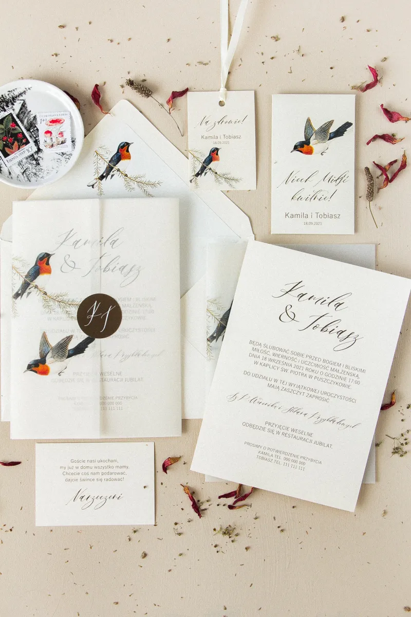 Retro zaproszenia ślubne z grafiką ptaków w stylu vintage