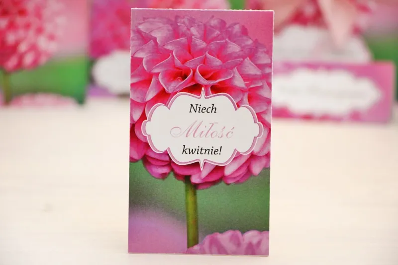 Podziękowania dla Gości weselnych - nasiona Niezapominajki - Felicja nr 9 - Różowe dalie - kwiatowe dodatki ślubne