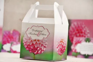Pudełko na ciasto kwadratowe, tort weselny - Felicja nr 9 - Różowe dalie - kwiatowe dodatki ślubne