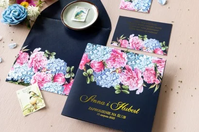 Zaproszenia na Ślub w stylu glamour z kwiatami Piwonii i Hortensji | Granatowe Zaproszenia na Wesele | Szafirowe nr 5