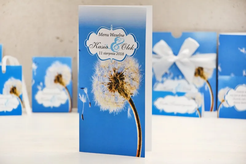 Menu weselne, stół weselny - Felicja nr 11 - Dmuchawiec - kwiatowe dodatki ślubne Menu weselne, stół weselny - Felicja nr 11 - Dmuchawiec - kwiatowe dodatki ślubne