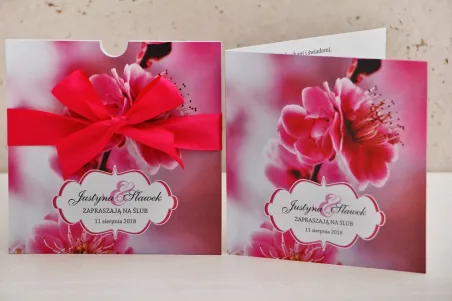 Zaproszenie ślubne, zaproszenia na ślub kwiatowe z kokardą - Felicja nr 12 - Intensywnie różowe kwiaty