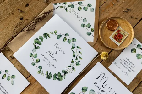 Hochzeitseinladung, Einladungen zur Blumenhochzeit - Kalia Nr. 2 - Eukalyptus mit ökologischer Hülle