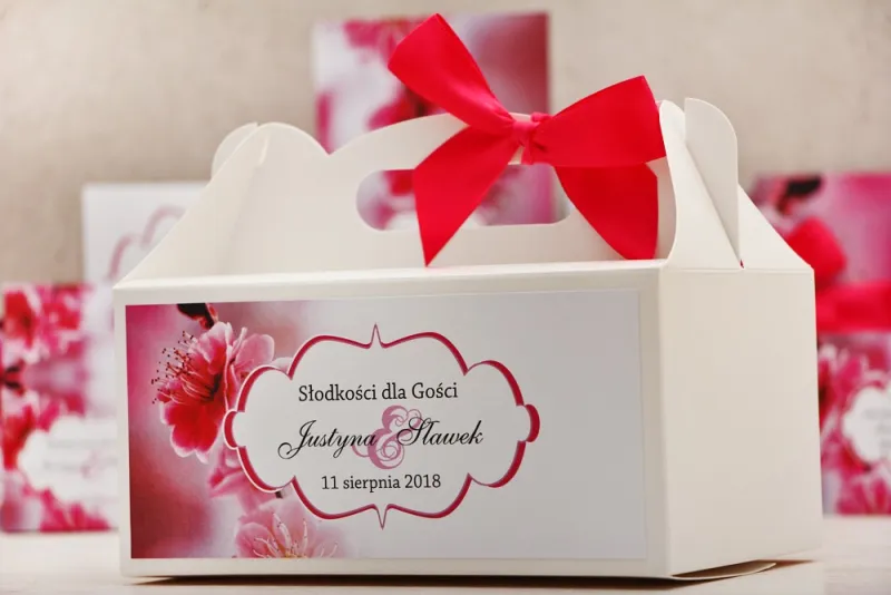 Prostokątne pudełko na ciasto, tort weselny, ślub - Felicja nr 12 - Kwiaty wiśni - kwiatowe dodatki ślubne