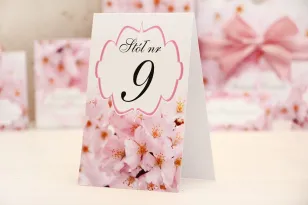 Numery stolików, stół weselny, ślub - Felicja nr 13 - Różowe kwiaty wiśni - dodatki ślubne