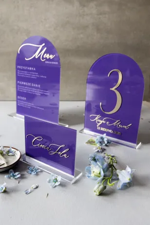 Złocone Menu Weselne na Pleksi z Fioletową Lawendą | Elegancka Karta Menu na Stół | Dalia nr 7
