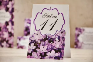 Numery stolików, stół weselny, ślub - Felicja nr 14 - Fioletowe kwiaty - dodatki ślubne