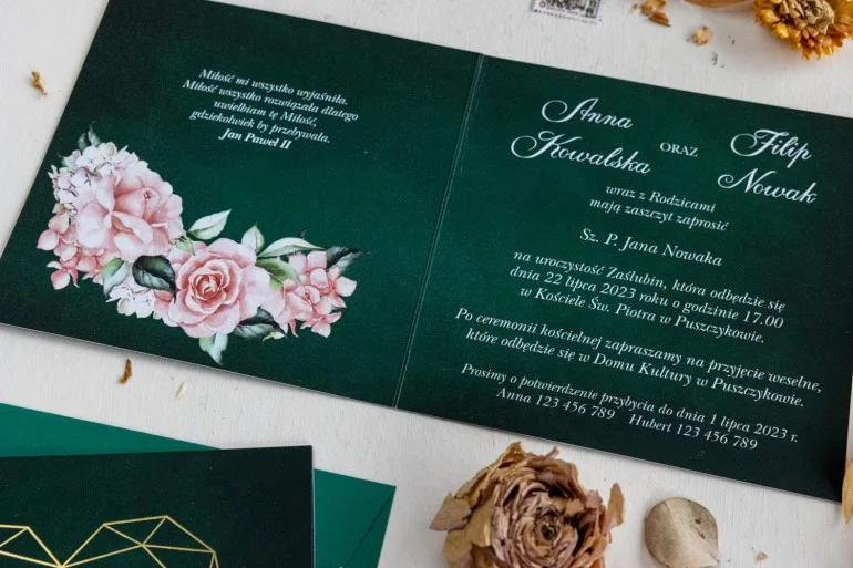 Zielone Zaproszenie Weselne z Różami i Złoceniami | Eleganckie i Nowoczesne