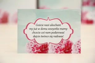Bilecik prezenty ślubne wesele - Felicja nr 15 - Amarantowe kwiaty na pastelowym miętowym tle - zaproszenia na ślub