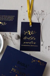 Granatowe Zawieszki na Wódkę Weselną Złocone | Amelia-Wedding