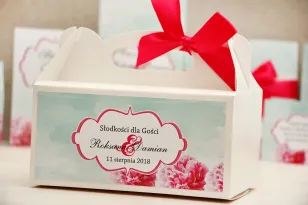 Prostokątne pudełko na ciasto, tort weselny, ślub - Felicja nr 15 - Amarantowo-miętowe - kwiatowe dodatki ślubne