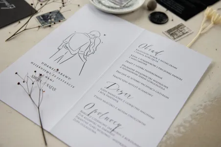 Nowoczesne Menu weselne z oryginalną grafiką Młodej Pary to ponadczasowa propozcyja