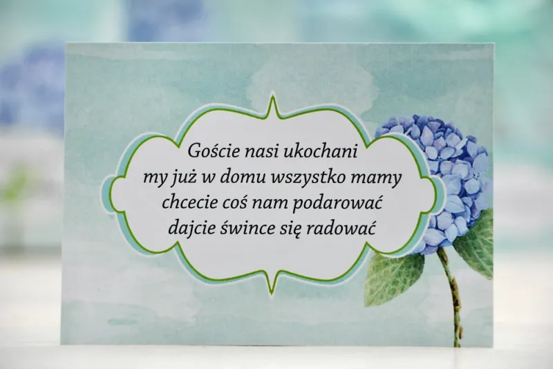 Bilecik prezenty ślubne wesele - Felicja nr 16 - Błękitna hortensja - zaproszenia na ślub