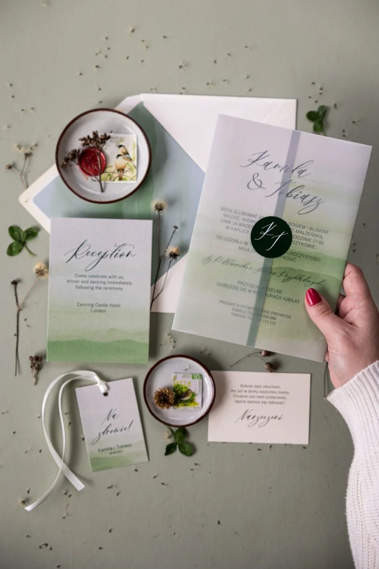 Zielone Zaproszenia Weselne Z Kalką Na Perłowym Papierze | Eleganckie I Nietypowe | Opal Nr 11